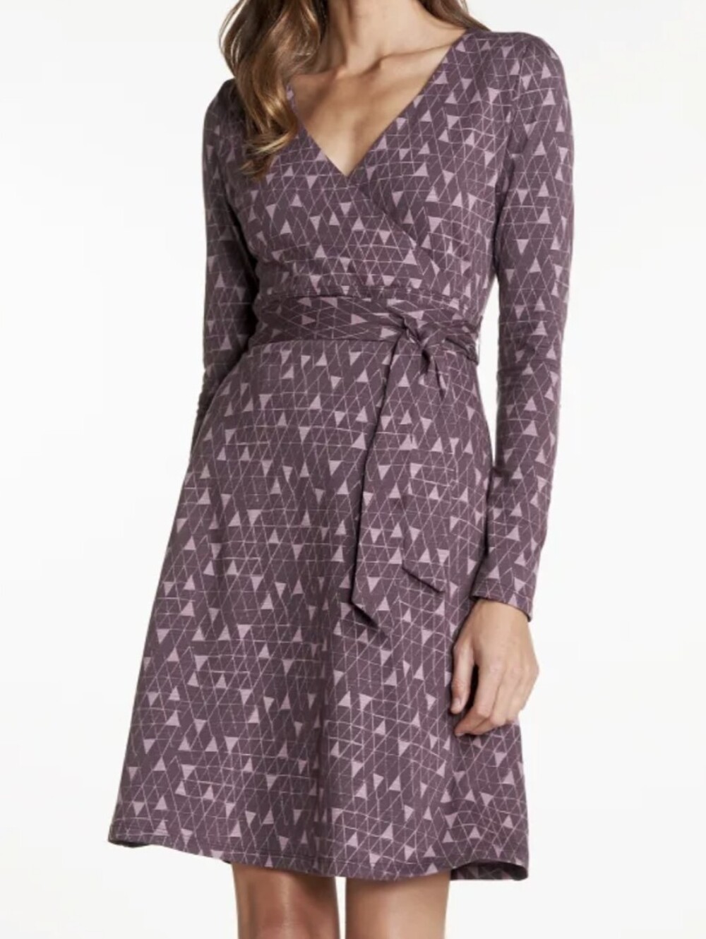 Toad&Co Cue Wrap LS Dress Medium Organic Cotton TENCEL Brown Geometric